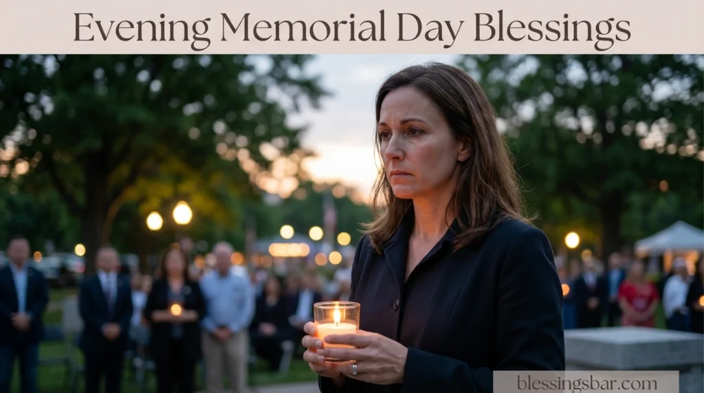 Create a professional realistic featured images for an article with the title exactly written on the image, make sure the title is readable. Add the name of my website as a watermark in the right bottom corner of all images the name is "blessingsbar.com".   Use both male and female pics in different images not in all. Remember that the title  Evening Memorial Day Blessings